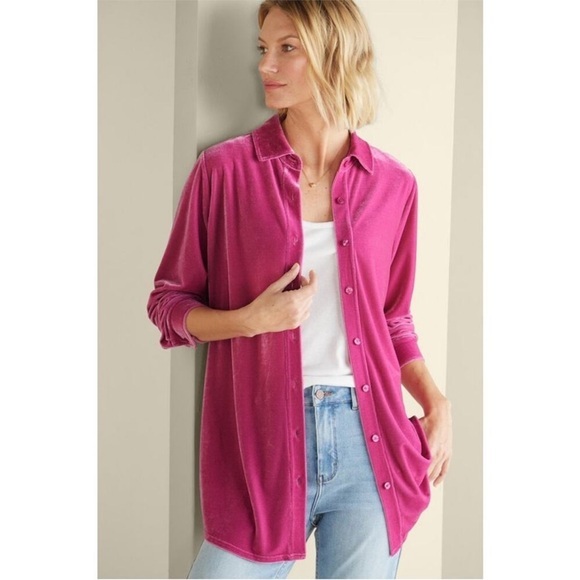 Soft Surroundings Velvet Boyfriend Shirt Tunic Button Fiery Fuchsia Pink Medium - Picture 1 of 16